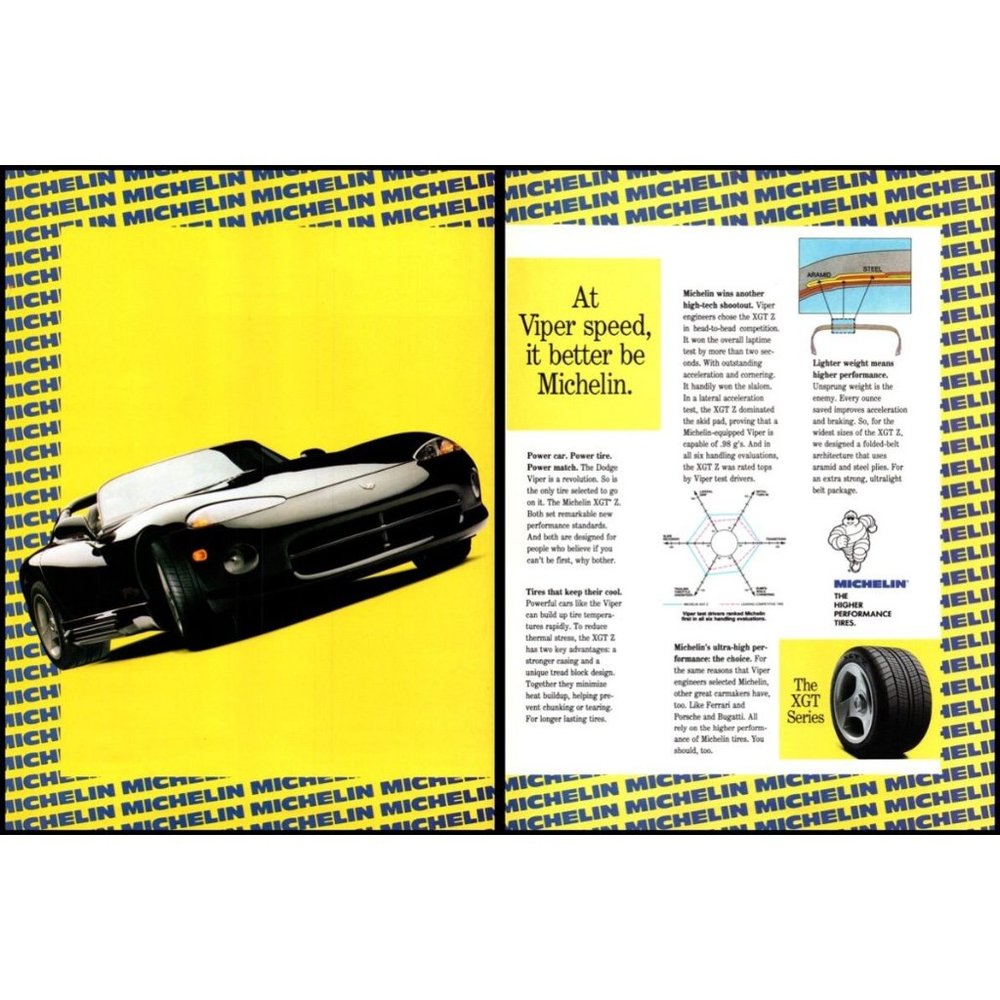 1994 Michelin Tires Dodge Viper Sports Car 2 Page Vintage Print Ad Wall Art